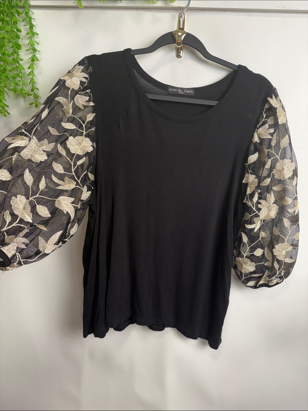 Kim & Cami Black Top with Gold Floral Sheer Puff Sleeves